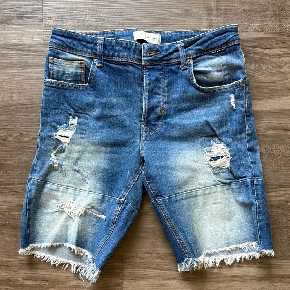 Zara Men's Blue Distressed Denim Shorts